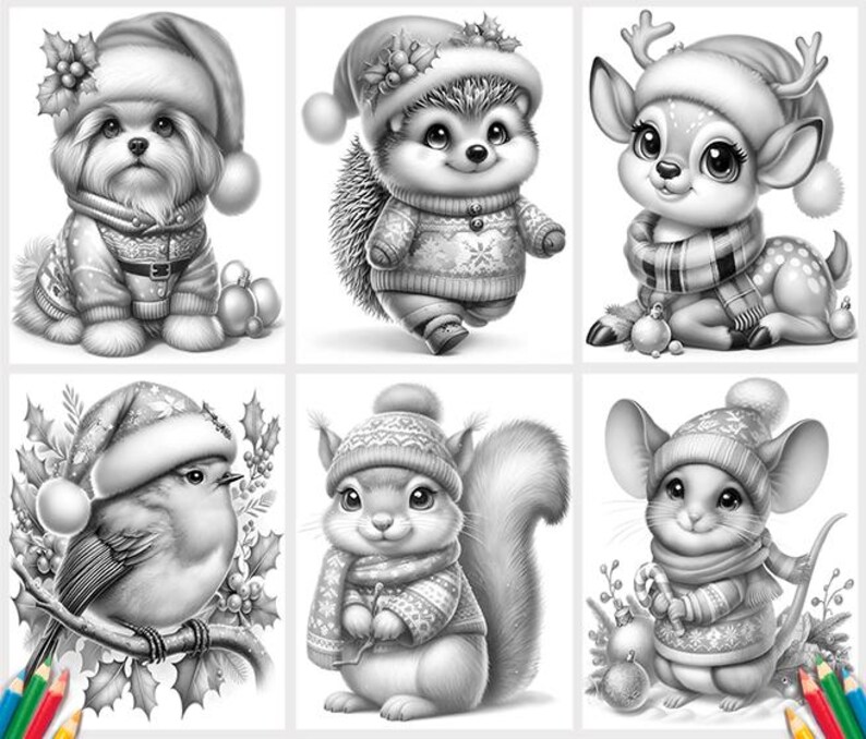 May include: A set of ten black and white illustrations featuring various animals wearing winter clothing. The animals include a dog, a hedgehog, a deer, a squirrel, and a mouse. Each animal is wearing a hat, scarf, and coat.
