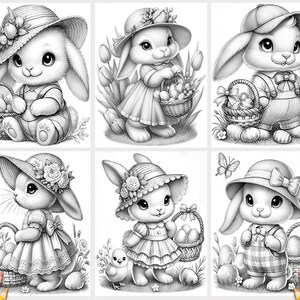 May include: A coloring page featuring six adorable bunny rabbits dressed in various outfits and holding Easter baskets filled with eggs. The bunnies are drawn in a cartoon style with large eyes and fluffy tails. The page is perfect for kids to color and enjoy the Easter season.
