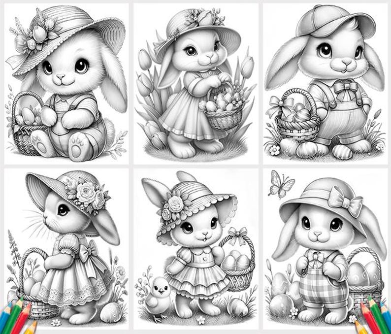 May include: A coloring page featuring six adorable bunny rabbits dressed in various outfits and holding Easter baskets filled with eggs. The bunnies are drawn in a cartoon style with large eyes and fluffy tails. The page is perfect for kids to color and enjoy the Easter season.