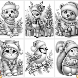 May include: A coloring book page featuring six different illustrations of animals wearing winter hats and scarves. The animals include a dog, a deer, a bear, a cat, a bird, and a squirrel. The illustrations are in black and white and are surrounded by a white border.