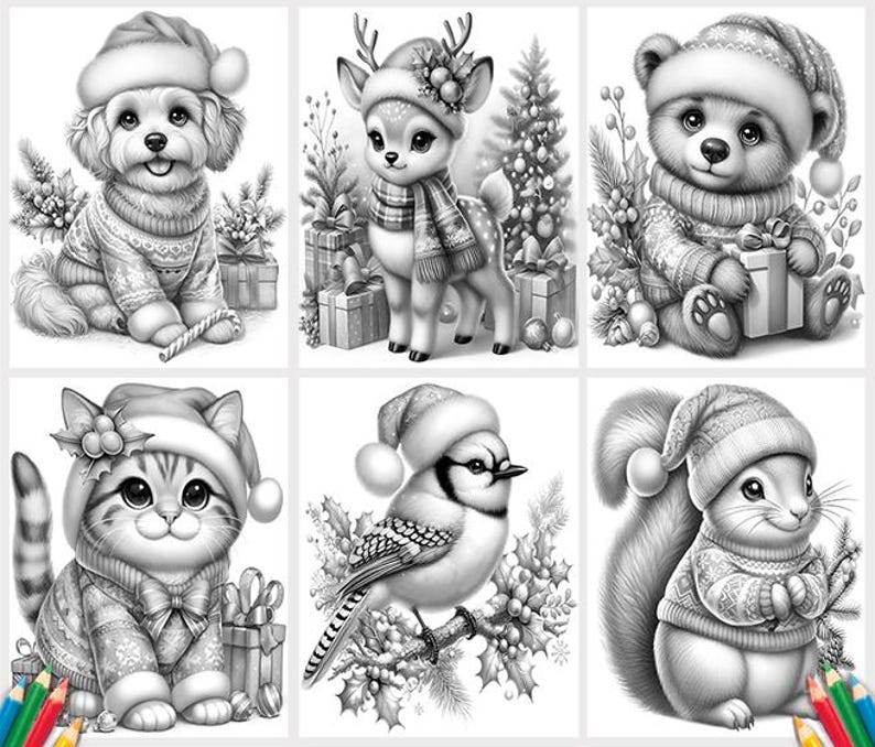 May include: A coloring book page featuring six different illustrations of animals wearing winter hats and scarves. The animals include a dog, a deer, a bear, a cat, a bird, and a squirrel. The illustrations are in black and white and are surrounded by a white border.