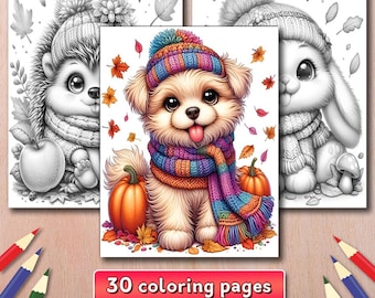 Autumn Animals Coloring Pages, Fall Pets Coloring Book, Grayscale Art, (Digital Download) PDF