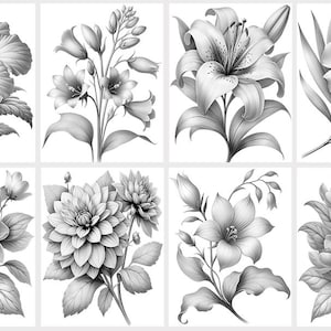 Puede incluir: Una colecci&oacute;n de ocho dibujos a l&aacute;piz en blanco y negro de diferentes flores. Las flores incluyen un hibisco, una campanilla, un lirio, un magnolio, una dalia, una gardenia, una camelia y una rosa.