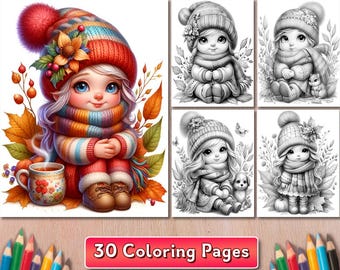 Cozy Autumn Gnomes Coloring Book: 30 Grayscale Pages, Digital Download (PDF)