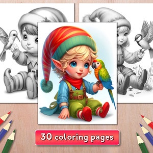 30 Gnome with a Bird Coloring Pages, Cute Little Gnome Coloring Book, Grayscale Coloring Book, Cute Coloring Pages