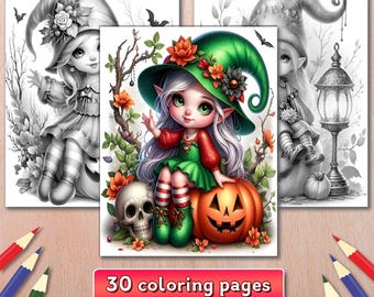 30 Halloween Gnome Girl Coloring Pages, Printable Pumpkin Garden Gnome Coloring Pages, Grayscale Halloween Gnomes Coloring Book, PDF