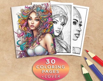 Mystical Women Coloring Book: 30 Grayscale Portrait Pages (Printable PDF)