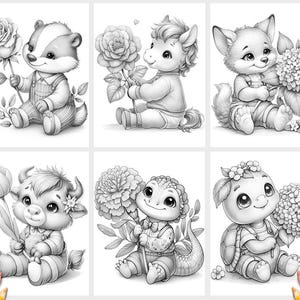May include: A set of six black and white coloring page illustrations featuring anthropomorphic animals including a badger, horse, fox, bull, lizard, and turtle, each sitting and holding a large flower, rendered in a clean line art style.