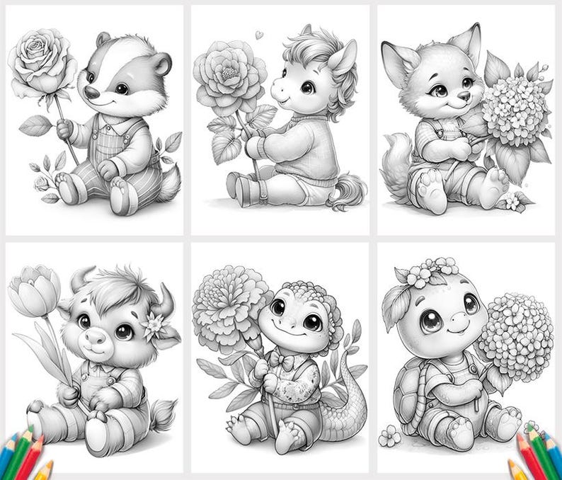 May include: A set of six black and white coloring page illustrations featuring anthropomorphic animals including a badger, horse, fox, bull, lizard, and turtle, each sitting and holding a large flower, rendered in a clean line art style.