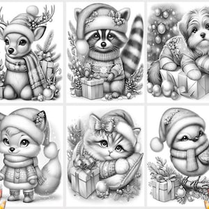 May include: A set of six black and white illustrations featuring various animals wearing winter hats and scarves. The animals include a fox, a cat, a dog, a bird, and two deer. The illustrations are perfect for coloring pages or as inspiration for holiday crafts.