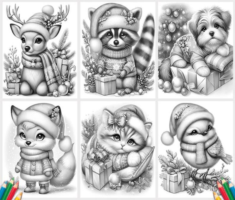 May include: A set of six black and white illustrations featuring various animals wearing winter hats and scarves. The animals include a fox, a cat, a dog, a bird, and two deer. The illustrations are perfect for coloring pages or as inspiration for holiday crafts.