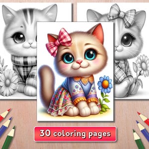 30 Cute Kittens Coloring Pages, Coloring of Cute Cats, Kittens Grayscale, Cats Coloring Book, Printable PDF