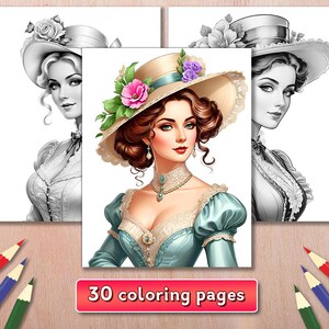 30 Victorian Women Coloring Pages, Pretty Ladies Coloring Book, Beautiful Women Grayscale Coloring, Instant Download PDF