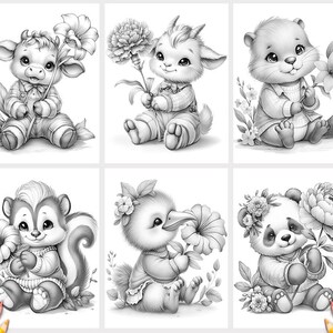 May include: A set of six black and white illustrations featuring baby animals including a calf, a goat, a beaver, a skunk, a duckling, and a panda, each holding a large flower and wearing simple clothing, presented in a grid layout for coloring.