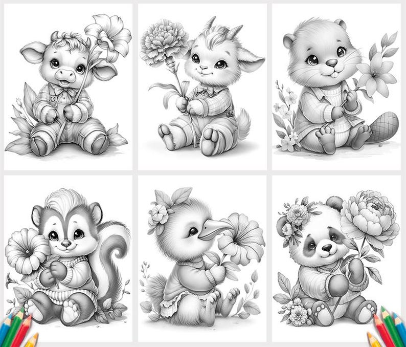 May include: A set of six black and white illustrations featuring baby animals including a calf, a goat, a beaver, a skunk, a duckling, and a panda, each holding a large flower and wearing simple clothing, presented in a grid layout for coloring.