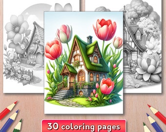 Libro para colorear de la Casa de Hadas Encantada - 30 páginas en escala de grises (Descarga PDF)