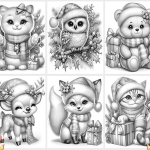 May include: A set of six black and white illustrations featuring various animals wearing winter hats and scarves. The animals include a cat, a fox, a deer, a bear, an owl, and a dog. Each animal is depicted in a festive setting with presents and winter foliage.