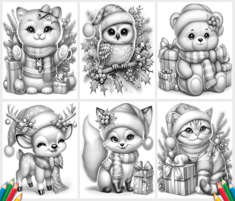 May include: A set of six black and white illustrations featuring various animals wearing winter hats and scarves. The animals include a cat, a fox, a deer, a bear, an owl, and a dog. Each animal is depicted in a festive setting with presents and winter foliage.