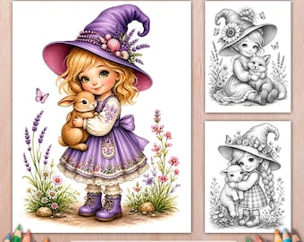 Girl Gnome with Animals Grayscale Coloring Book - 50 Printable Coloring Pages
