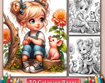 30 Girl with Animal Coloring Pages, Little Girls and Pets Coloring Book, Digital Download