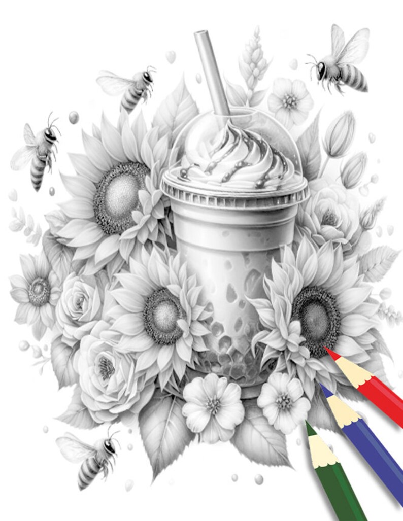 Iced Coffee Coloring Book, Coffee With Flowers Coloring Page, Coffee