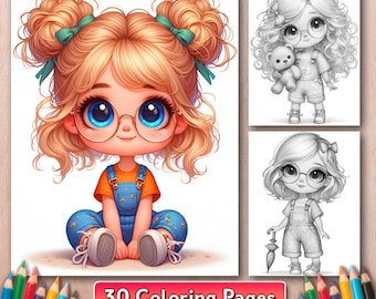 Grayscale Coloring Book, 30 Little Girl Coloring Pages, Lady Art (Digital Download)