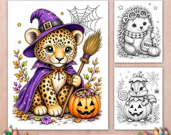 Halloween Animals Grayscale Coloring Book, 50 Printable Coloring Pages, Digital PDF