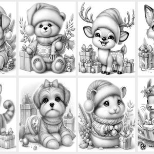 May include: A black and white illustration of eight different animals wearing Santa hats and holding gifts. The animals include a dog, a bear, a deer, a fox, a cat, a dog, a hamster, and a squirrel.
