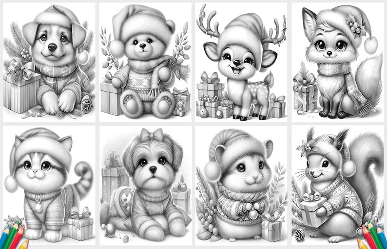 May include: A black and white illustration of eight different animals wearing Santa hats and holding gifts. The animals include a dog, a bear, a deer, a fox, a cat, a dog, a hamster, and a squirrel.