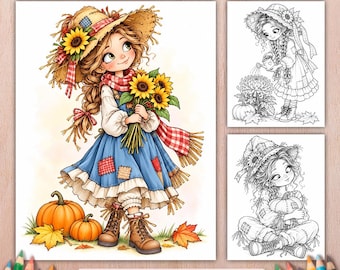 Autumn Meadow Girls Coloring Book, 50 Grayscale Pages, Cozy Fall Printable PDF