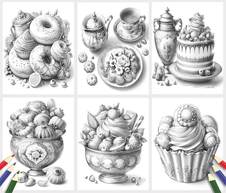 May include: A black and white illustration of a variety of cakes, cupcakes, and pastries. The illustration includes a teapot, a teacup, a cake stand, and a decorative vase.