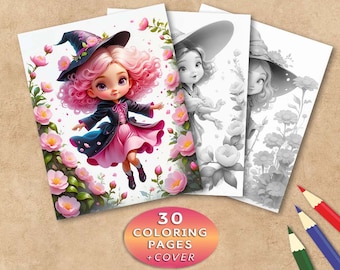 May include: A coloring book cover featuring a cute cartoon witch with pink hair and a black hat. The witch is surrounded by pink flowers and green leaves. The text "30 Coloring Pages + Cover" is printed on the bottom of the cover.