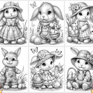May include: Six black and white illustrations of bunnies wearing hats and holding baskets of Easter eggs. The bunnies are all wearing different hats and have different expressions on their faces.