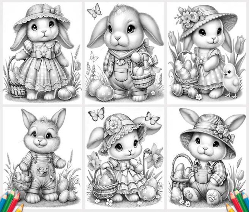 May include: Six black and white illustrations of bunnies wearing hats and holding baskets of Easter eggs. The bunnies are all wearing different hats and have different expressions on their faces.