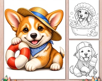 Summer Puppy Grayscale Coloring Book, 50 Dog Coloring Pages, Vacation Puppies, Printable PDF