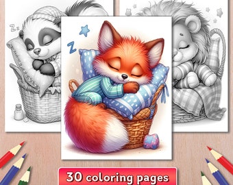 Sleepy Animals Coloring Book, Sweet Baby Pets Grayscale Coloring Pages (Digital Download)