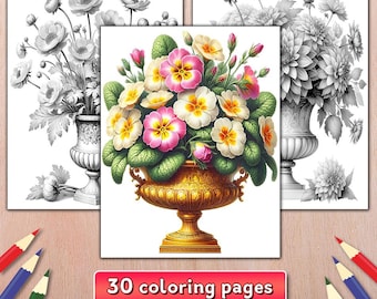 Libro para colorear Flores en jarrón: 30 páginas florales en escala de grises, descarga digital (PDF)