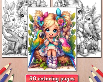 Girl with Bird Coloring Book: 30 Grayscale Pages (PDF Download)