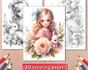 Girl and Bunny Grayscale Coloring Book, 30 Pages (Instant Download)