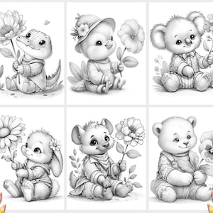 May include: A set of six black and white line art illustrations for coloring, featuring a baby alligator, a bird in a hat, a koala, a rabbit, a hyena, and a bear, each holding a different flower, with colored pencils visible at the bottom.