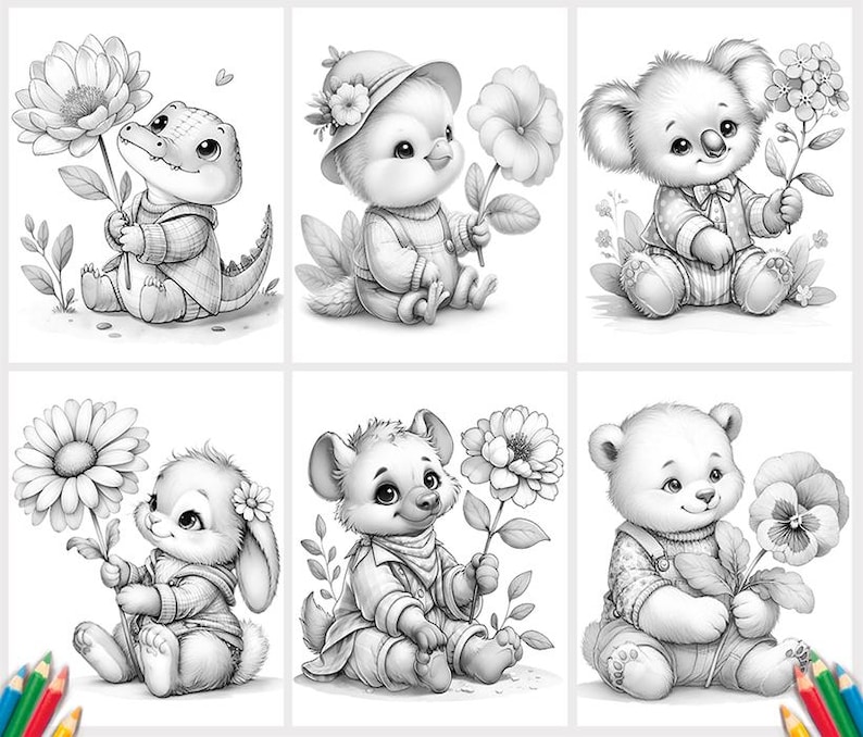 May include: A set of six black and white line art illustrations for coloring, featuring a baby alligator, a bird in a hat, a koala, a rabbit, a hyena, and a bear, each holding a different flower, with colored pencils visible at the bottom.