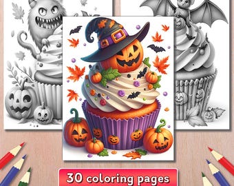 Halloween Cupcake Coloring Book: 30 Spooky Grayscale Pages (PDF)