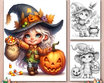 Halloween Witch Gnome Coloring Book: 30 Spooky Autumn Pages (Digital Download)