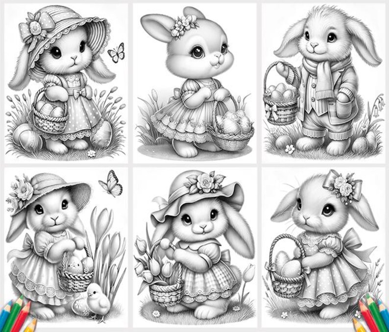May include: A set of ten black and white coloring pages featuring adorable bunny rabbits dressed in various outfits. Each bunny is holding a basket or a small object. The images are perfect for coloring and adding your own creative flair.