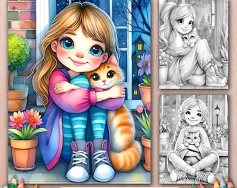 Girls with Cats Coloring Book – 30 Grayscale Pages, Digital Download (PDF)