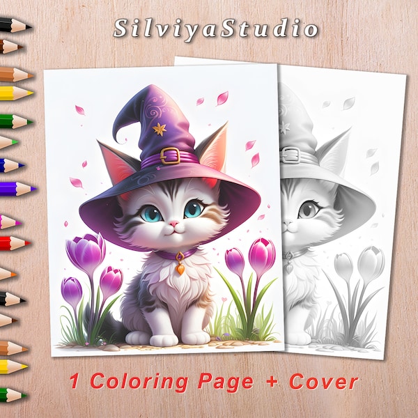 Grayscale coloring page - Witch Cat. Printable Coloring Page. Digital Download