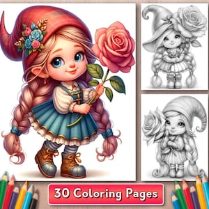 30 Gnome Girl with a Rose Coloring Pages, Cute Little Girl Gnome and Flower, Grayscale Gnome Coloring Book, Garden Gnome Coloring Pages, PDF