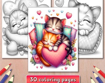 Sleeping Kittens Coloring Book: 30 Adorable Cat Grayscale Pages, Digital Download (PDF)