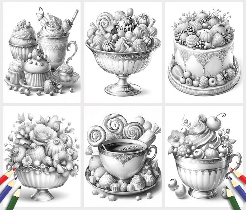 May include: A collection of six black and white illustrations of various desserts and sweets. The illustrations are in a vintage style and feature intricate details. The desserts include a cake, cupcakes, a bowl of candy, a cup of tea, and a dessert in a bowl.