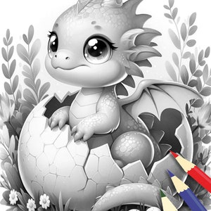May include: A black and white illustration of a baby dragon hatching from an egg. The dragon has large eyes and is sitting in the broken egg shell. There are three colored pencils on the bottom right of the image.